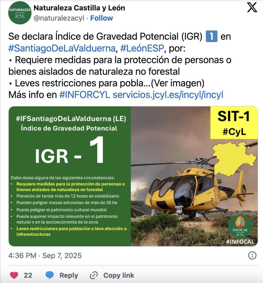 Mensaje en X en la cuenta de Naturaleza Castilla y León sobre el incendio de Santiago de la Valduerna.