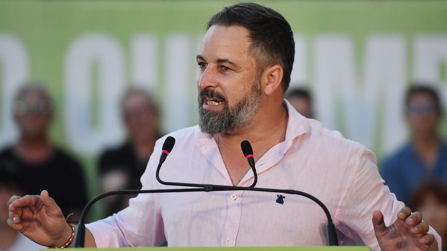 El presidente de Vox, Santiago Abascal, durante el mitin del partido este viernes, en Palma de Mallorca (Islas Baleares). EFE/ Miquel A. Borràs