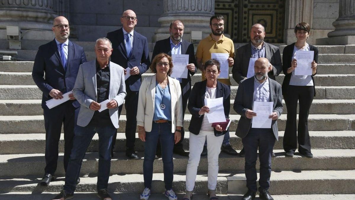 Representantes de Unidas Podemos, ERC, Junts, PDeCat, BNG, Más País, Compromís, PNV , Bildu y la CUP posan con su propuesta para permitir el uso de lenguas cooficiales en el Congreso.