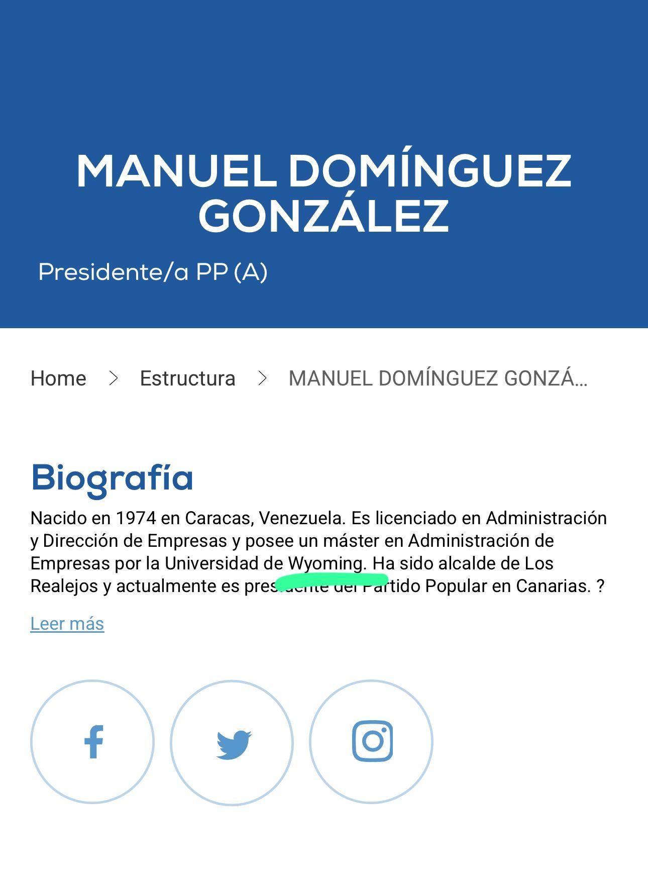 La biografía de Manuel Domínguez en la web del PP hasta este mismo viernes.