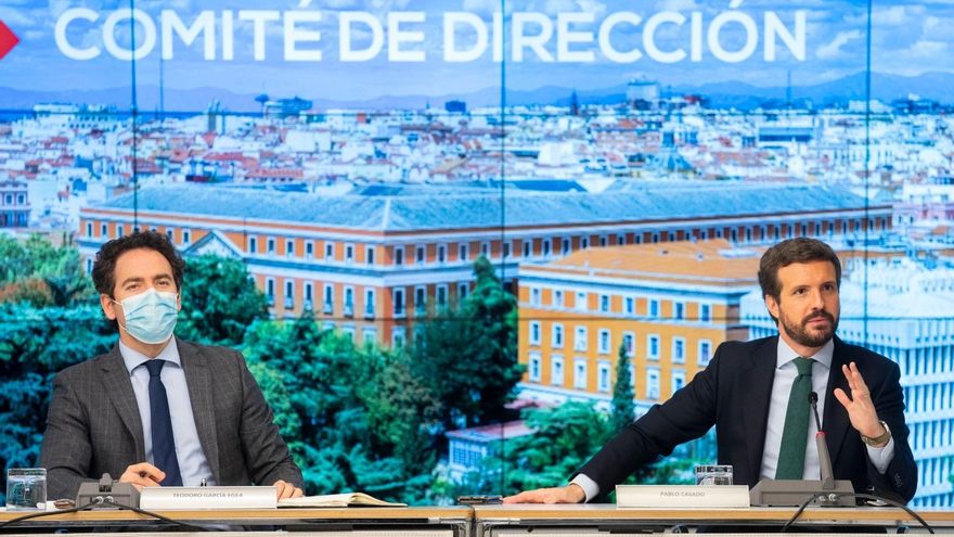 El líder del PP, Pablo Casado, preside la reunión del comité de dirección del PP. En la imagen junt al secretario general del partido, Teodoro García Egea. En Madrid, a 18 de abril de 2021.