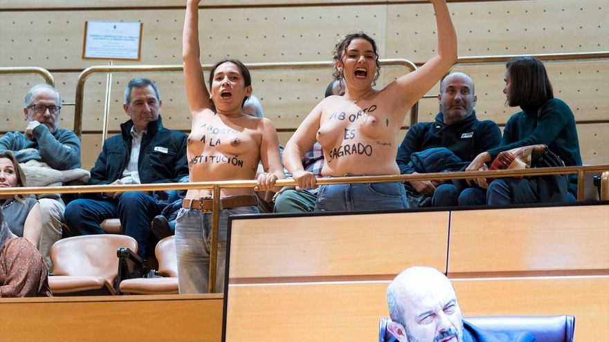 Dos activistas durante una acción de FEMEN durante un pleno en el Senado, a 19 de noviembre de 2024, en Madrid (España).