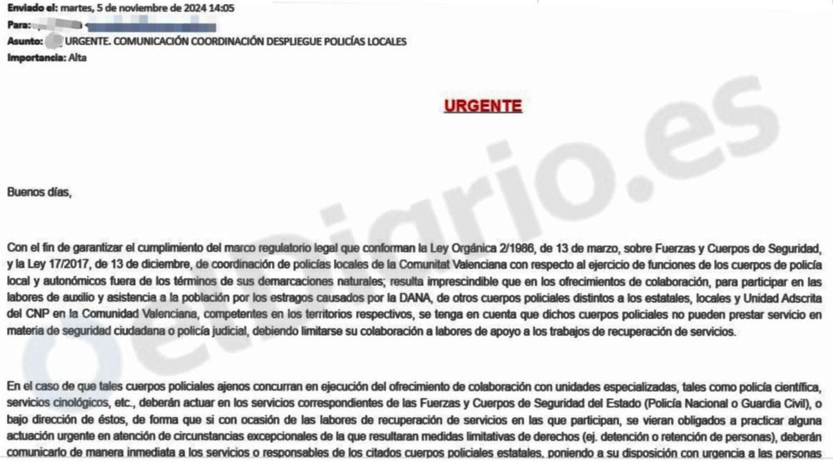 El correo que desmiente la prohibición de la Policía Local de actuar durante la dana.