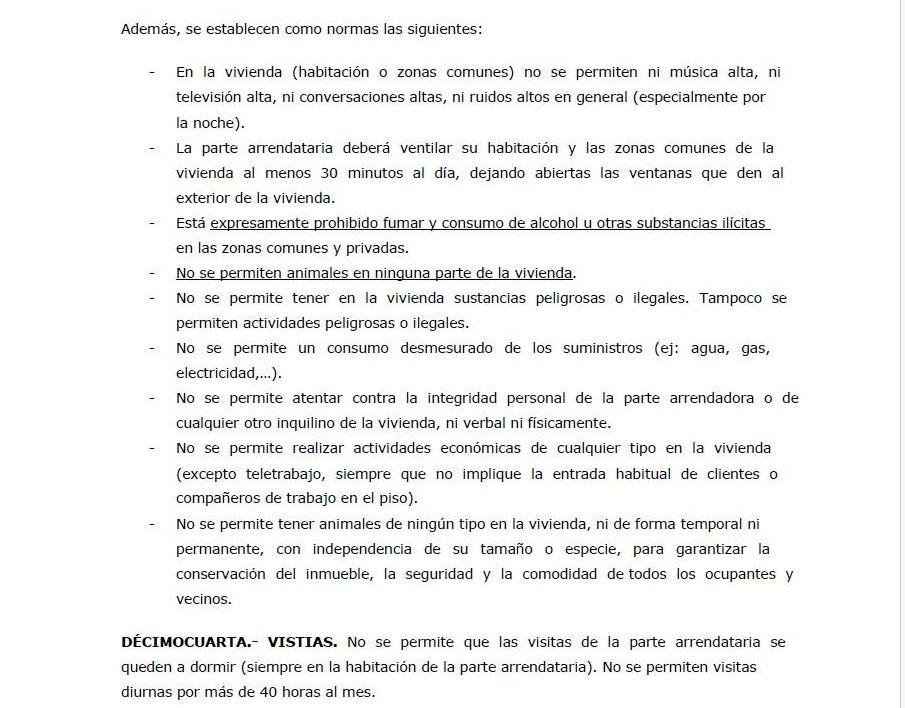 Parte del contrato que incluye normas de convivencia y sobre visitas.