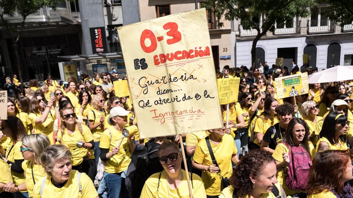 Decenas de personas durante una concentración de docentes de escuelas infantiles frente a la Consejería de Educación, Ciencia y Universidades, a 6 de mayo de 2026, en Madrid.