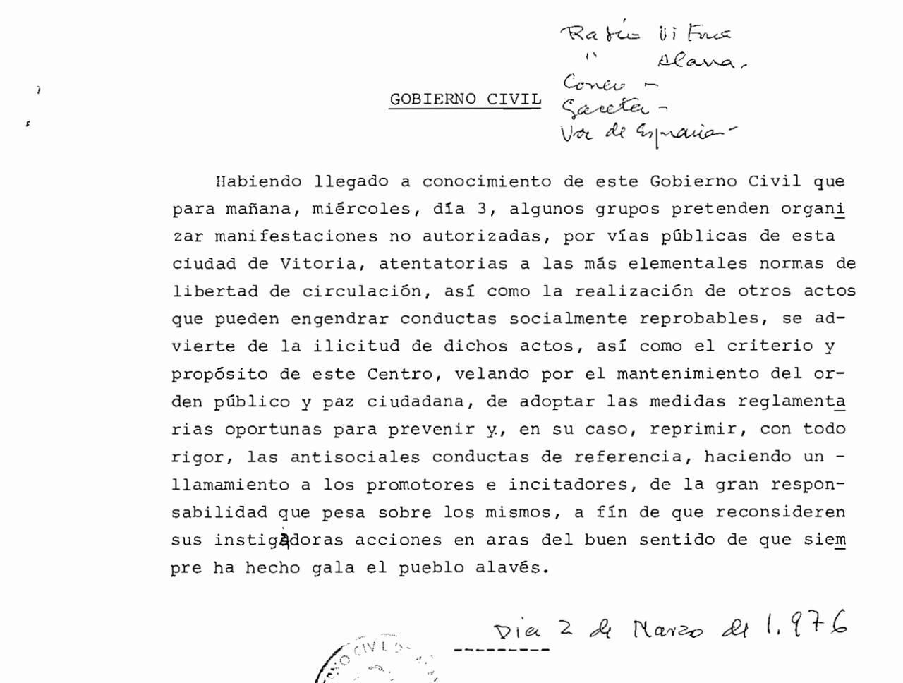 Documentación del Gobierno Civil del 2 de marzo de 1976