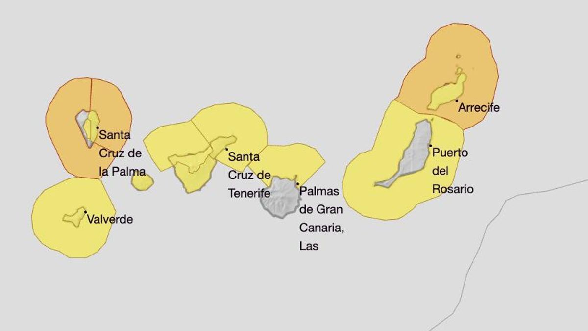 Mapa de la Aemet de los avisos por viento y fenómenos costeros este sábado.