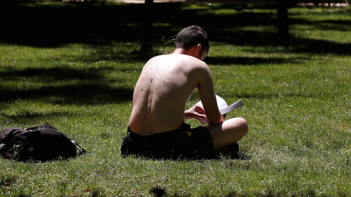 Un hombre lee durante un día de calor en el parque de El Retiro en Madrid.