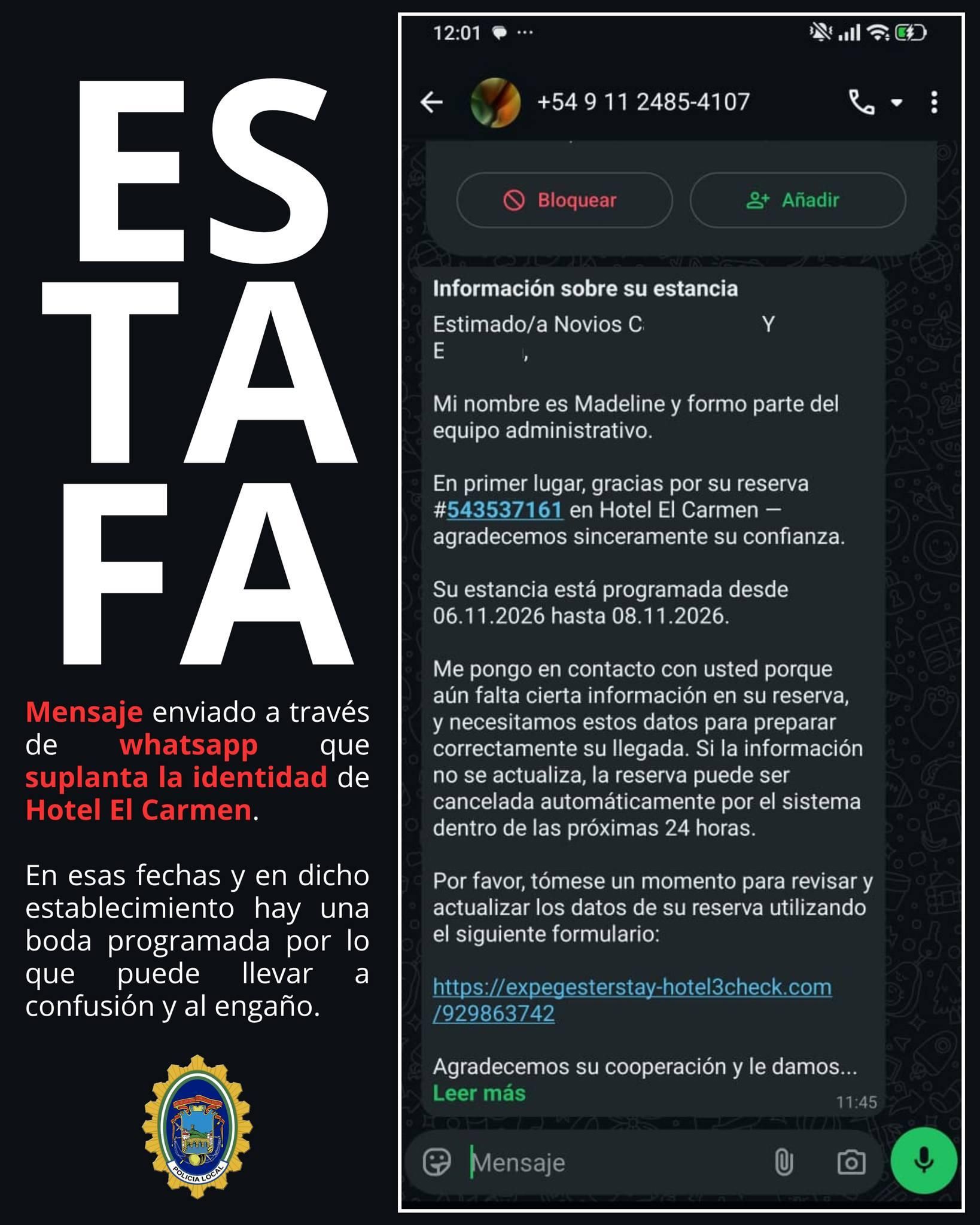 Alerta de la Policía Local de Puente Genil sobre un intento de estafa a través de WhatsApp.
