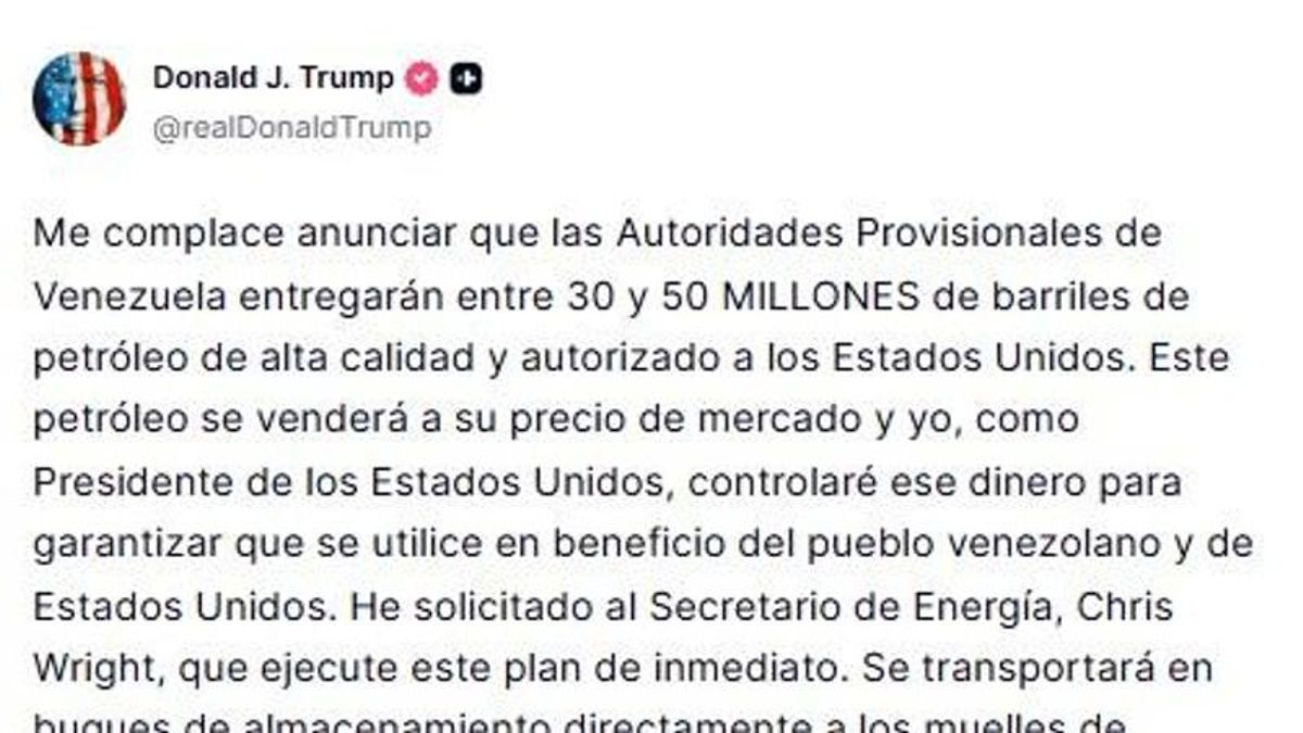 Publicación de Trump en la red social Truth Social sobre el petróleo de Venezuela