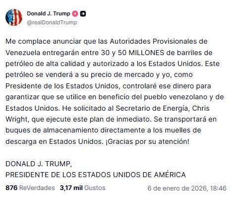 Publicación de Trump en la red social Truth Social sobre el petróleo de Venezuela