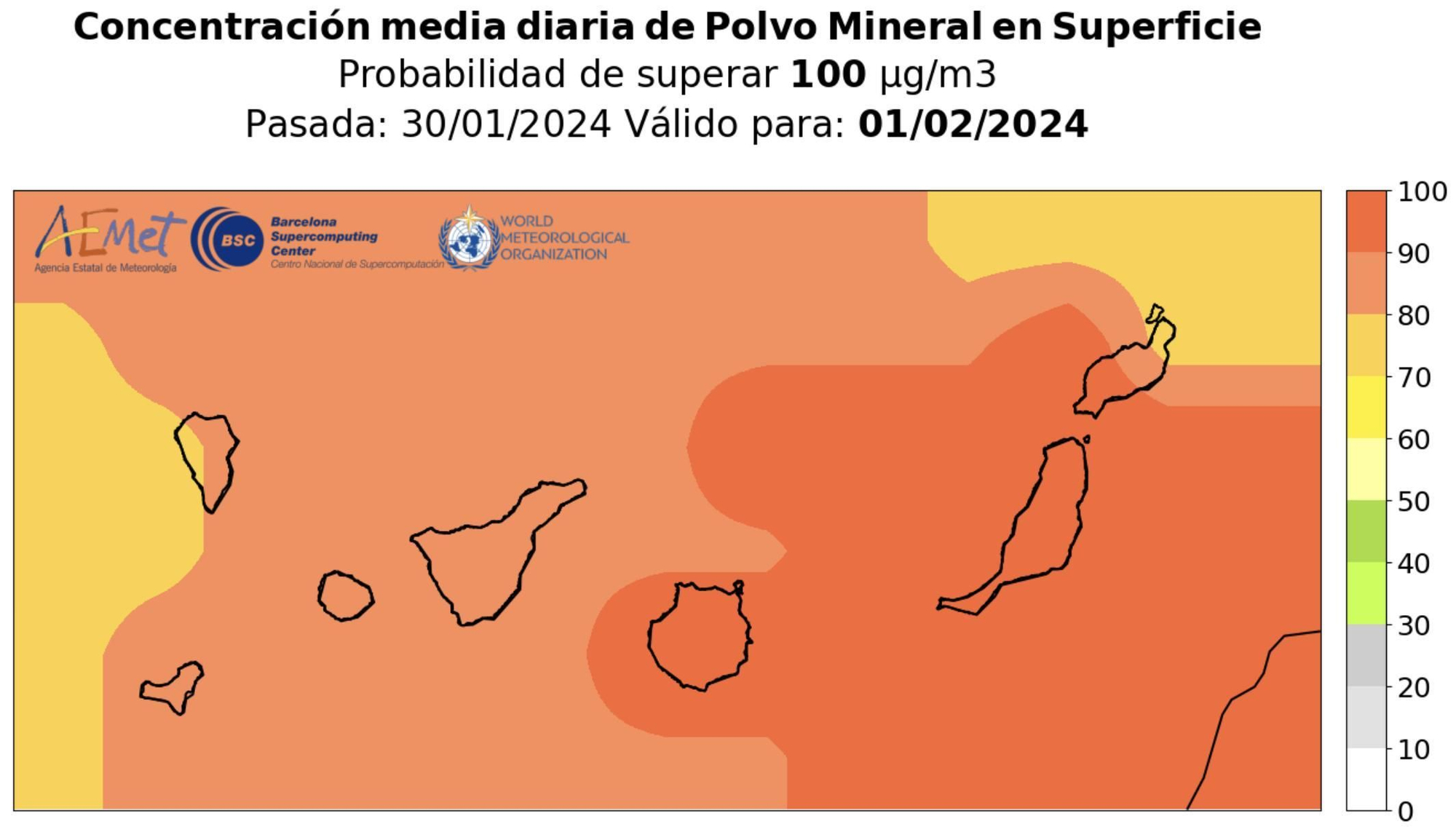 Mapa de probabilidad de superar los 100 μg/m3 de polvo en suspensión en Canarias.