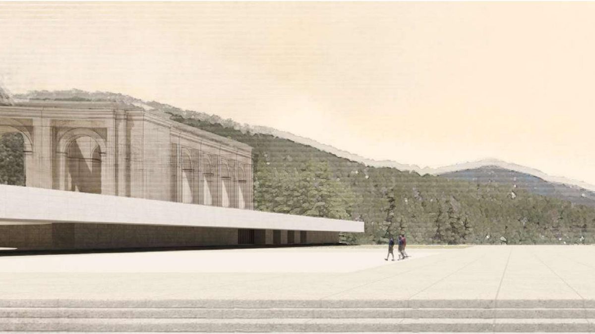 Imagen de la plataforma horizontal que da acceso al patio circular, al centro de interpretación y a la entrada de la basílica.