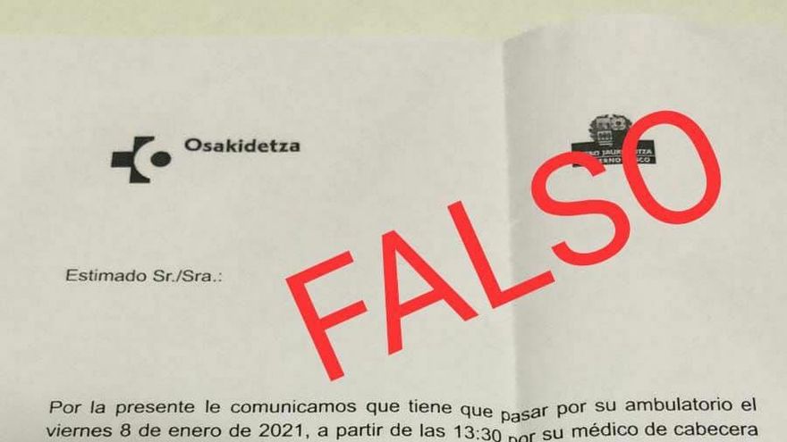 Imagen de la carta falsa difundida por Osakidetza