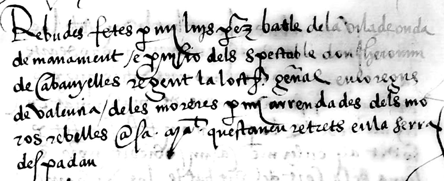 Encabezamiento de una de las cuentas que hizo el batlle reial de Onda de lo que había ingresado por las confiscaciones a los moriscos rebeldes del término de Onda: “Rebudes fetes per mi, Luis Perez, batle de la vila de Onda, de manament e provisió dels spectable don Jheronim de Cabanyelles, regent de la llochtinença general en lo Regne de Valencia, de les moreres per mi arrendades dels moros rebelles a sa Magestat que estaven retrets en la Serra de Spadan”.
