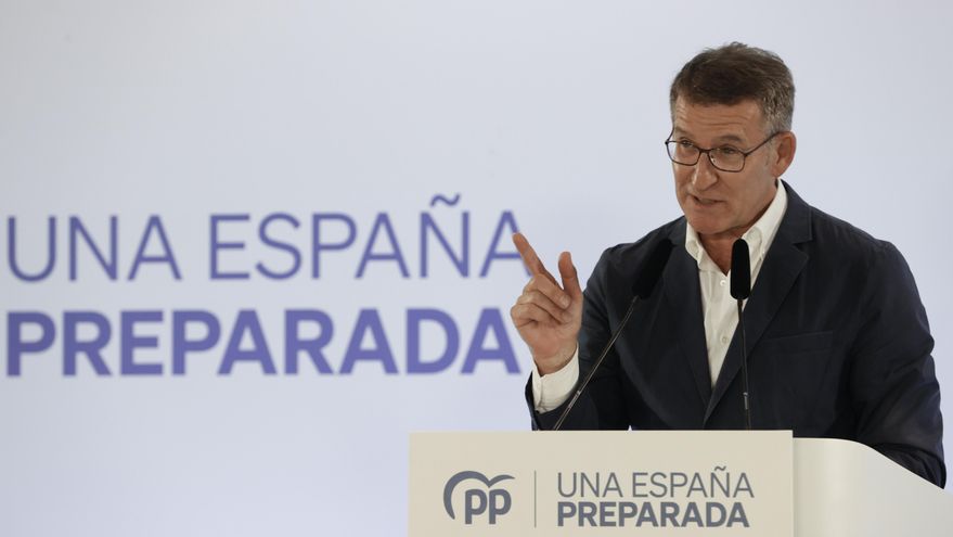 El presidente del Partido Popular, Alberto Núñez Feijóo, participa este miércoles en la Junta Directiva del PP de la Comunidad Valenciana. EFE/Juan Carlos Cárdenas
