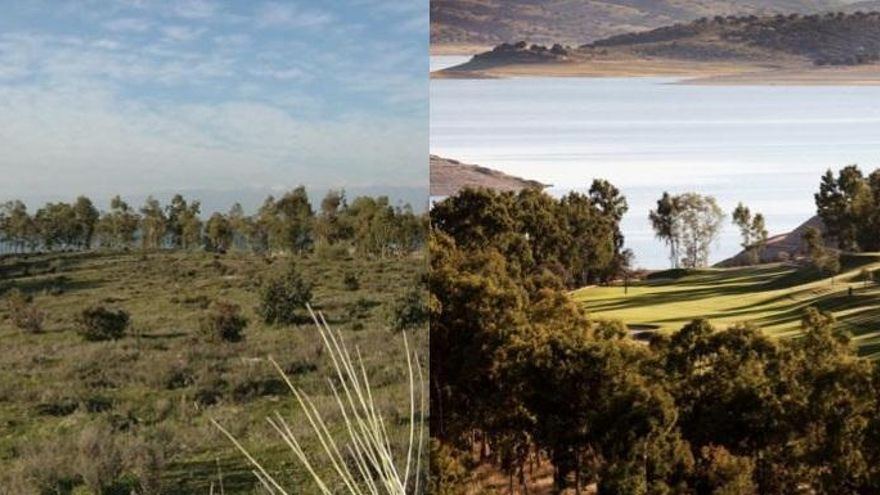 "Cerro del Burro" en la primera imagen antes de convertirse en Marina Isla de Valdecañas.