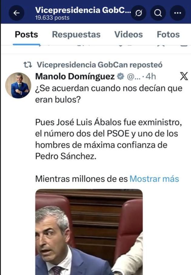 Vicepresidencia del Gobierno compartiendo el vídeo de Manuel Domínguez.