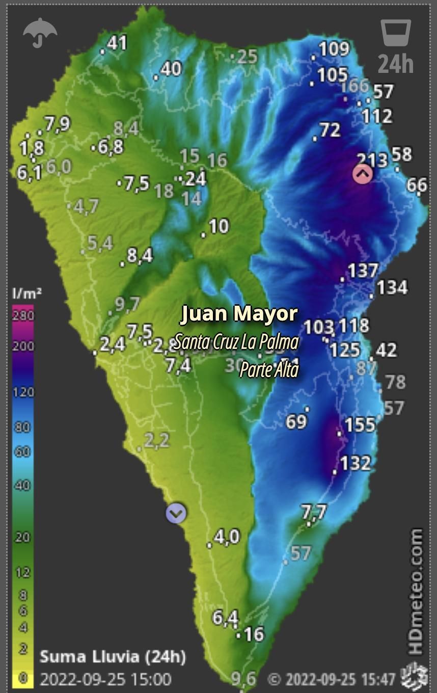 Mapa de HD Meteo La Palma de la lluvia caída en diferentes puntos de la Isla en las últimas 24 horas.