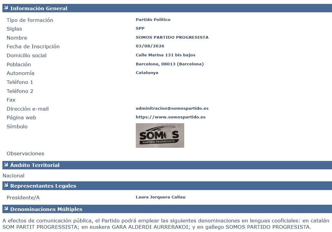 Detalle de los datos del nuevo partido en el registro del Ministerio del Interior