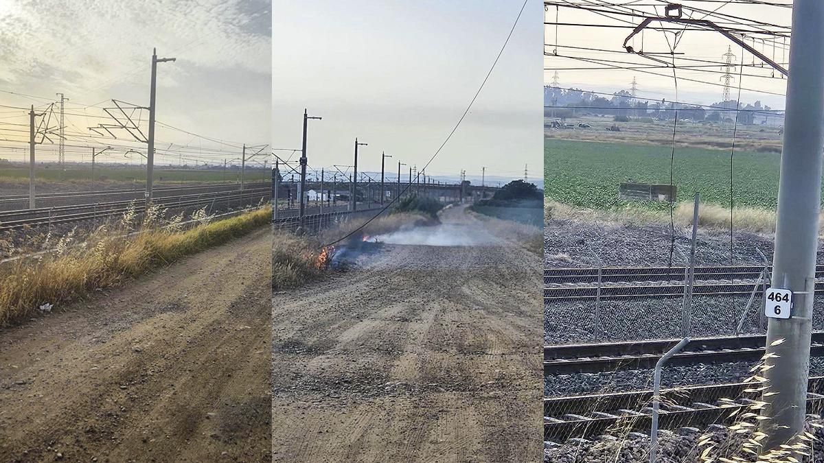 La caída del cable de alta tensión provocó un incendio, como se ve en la imagen central.