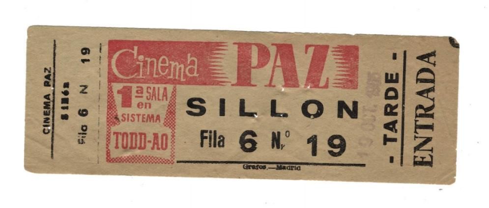 Una entrada al Cinema Paz en 1959