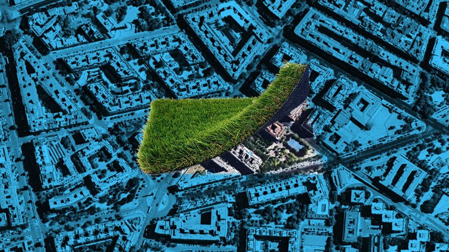 Montaje con la imagen de portada del libro "La España de las piscinas" 