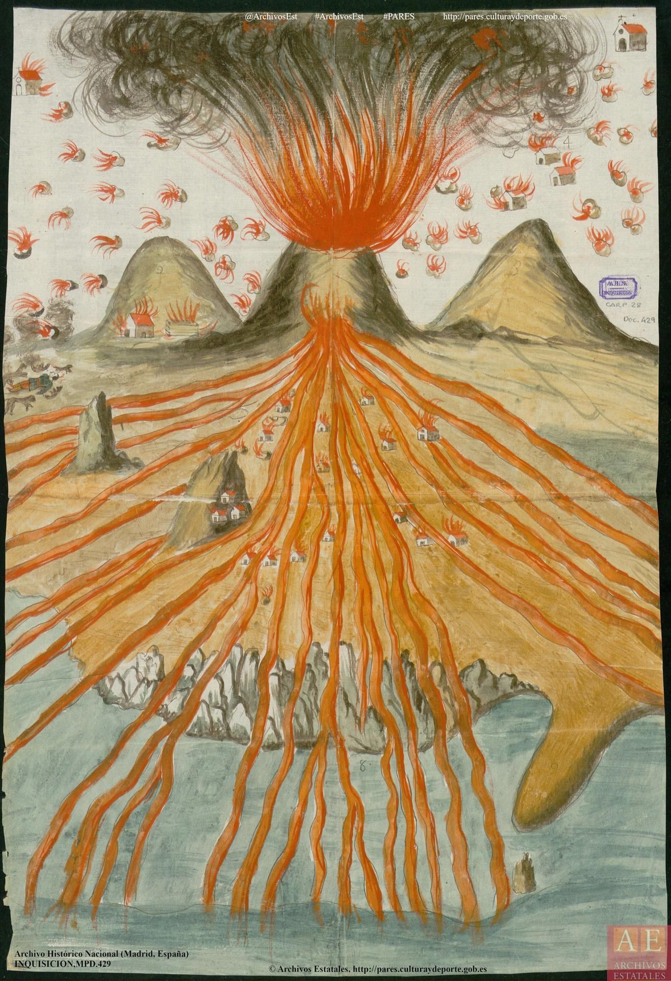 Imagen difundida este miércoles como pieza del mes de noviembre por el Archivo Histórico Nacional: un dibujo a color sobre la erupción de San Antonio (1677) en La Palma.