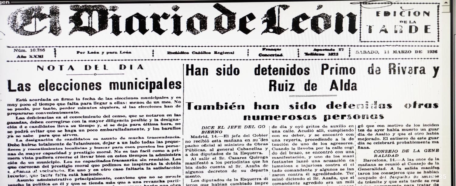 Noticia de la detención de José Antonio Primo de Rivera en el 'Diario de León'.