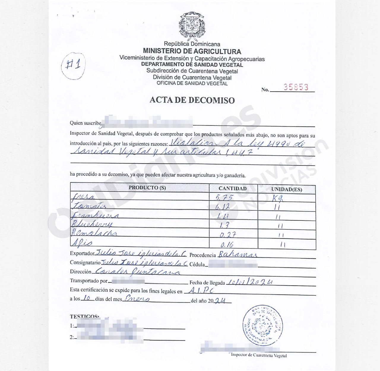 Acta de decomiso del Ministerio de Agricultura dominicano