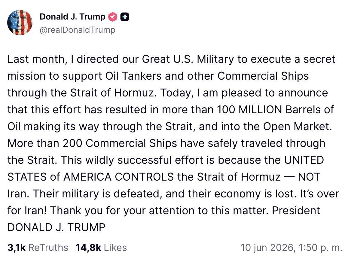 Truth Social de Trump sobre una supuesta misión secreta para escoltar barcos en Ormuz.