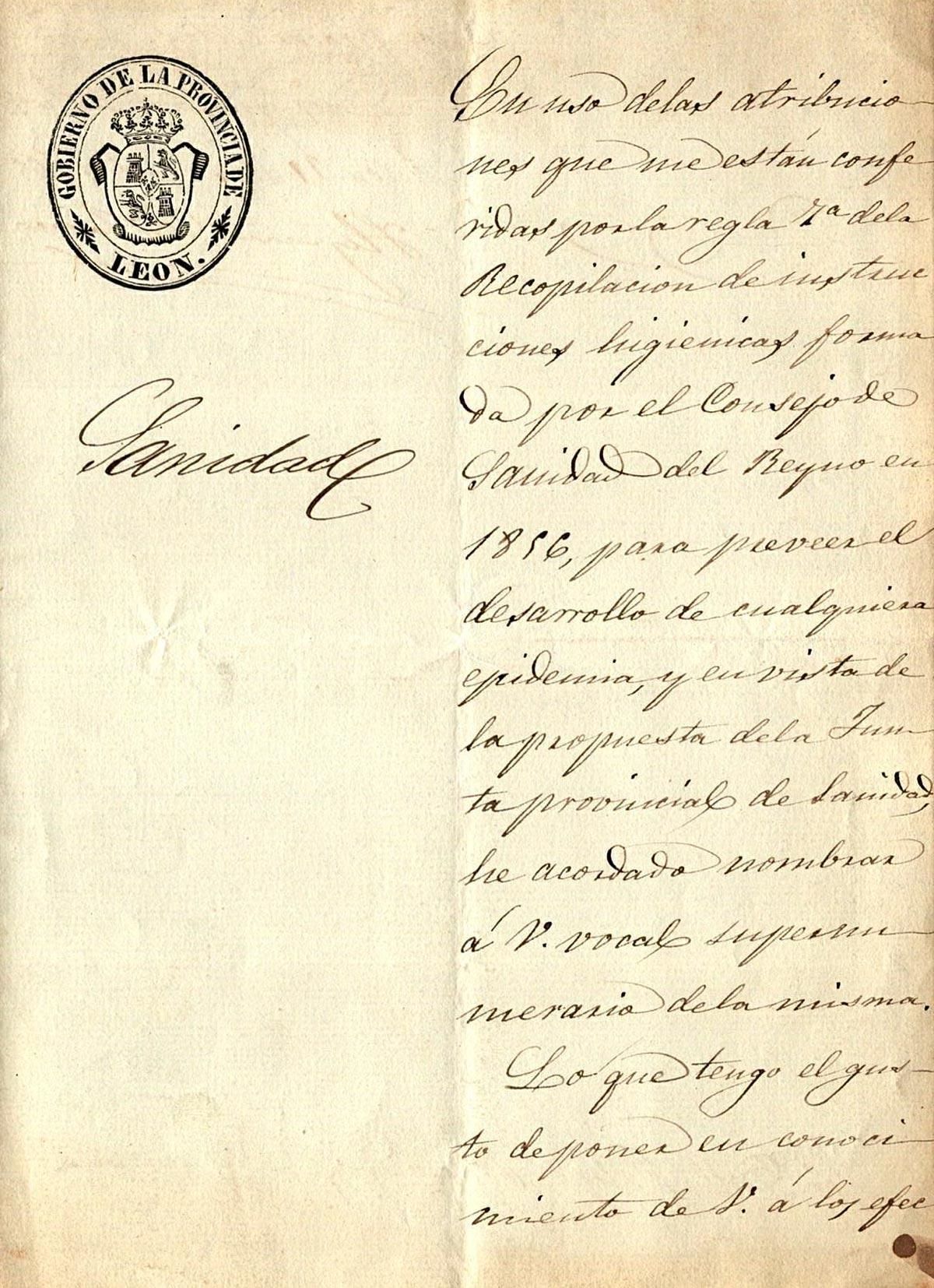 Instrucciones del Gobierno Civil de León ante la epidemia de 1865.