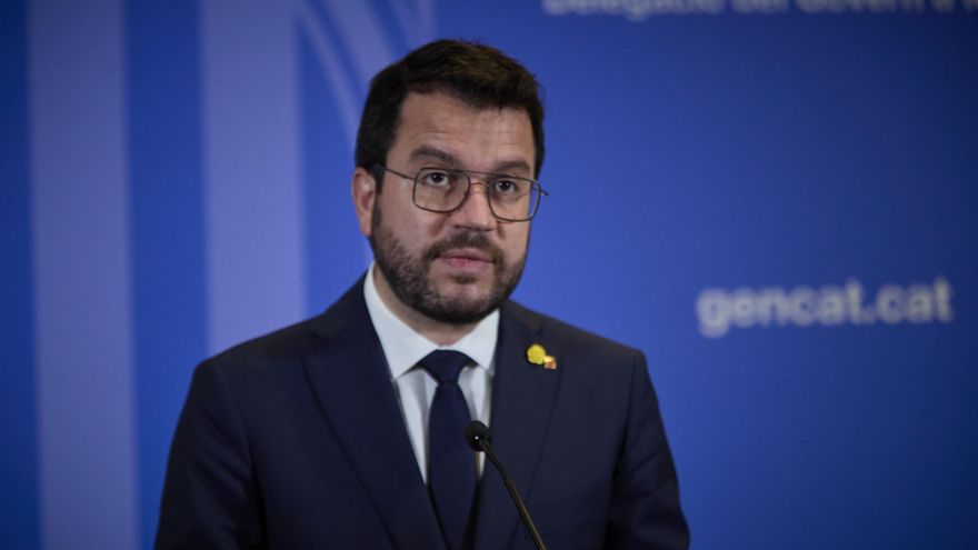 El president de la Generalitat catalana, Pere Aragonès ofrece una rueda de prensa en la librería Blanquerna tras la reunión mantenida con el presidente del Gobierno, a 29 de junio de 2021, en Madrid (España).