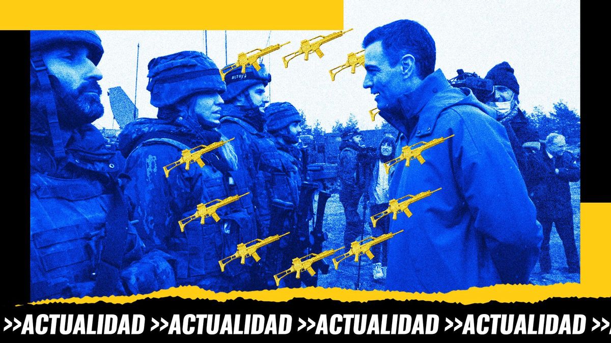 Montaje: Pedro Sánchez durante su visita a las tropas españolas de la OTAN en Letonia bajo fusiles amarillos con fondo azul
