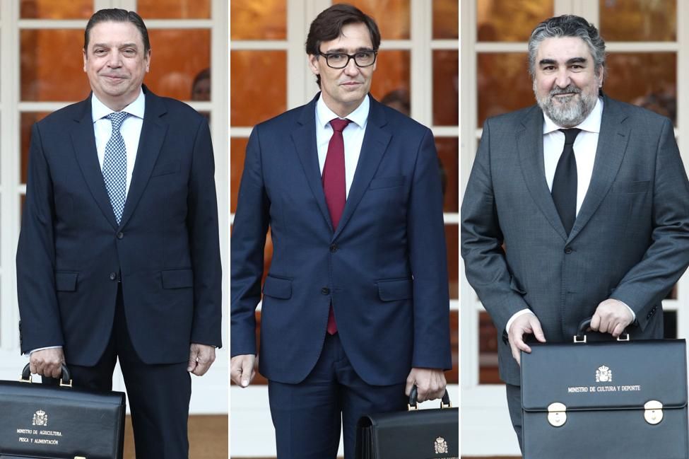 Luis Planas, ministro de Agricultura, Pesca y Alimentación, Salvador Illa, ministro de Sanidad y José Manuel Rodríguez Uribes, ministor de Cultura y Deporte