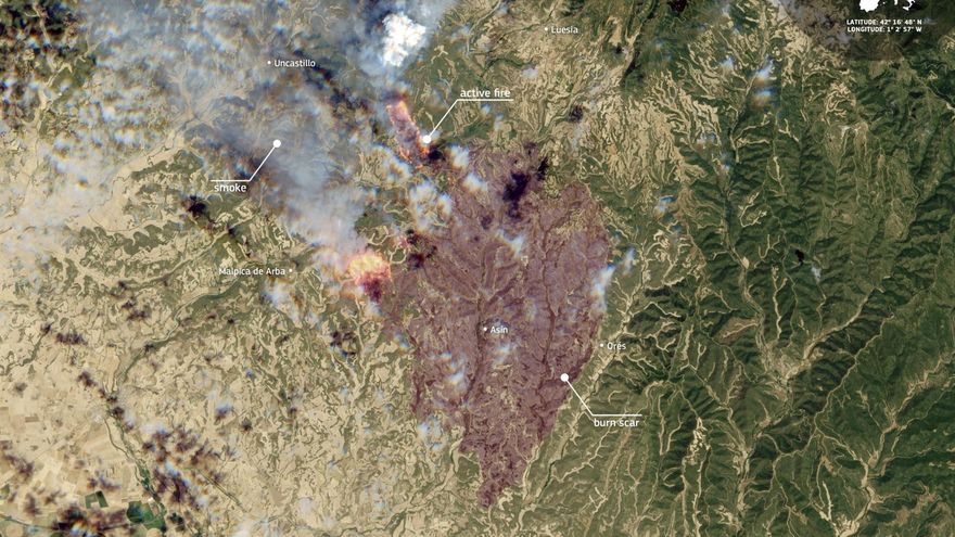 Imagen de satélite del incendio de Orés (Zaragoza)