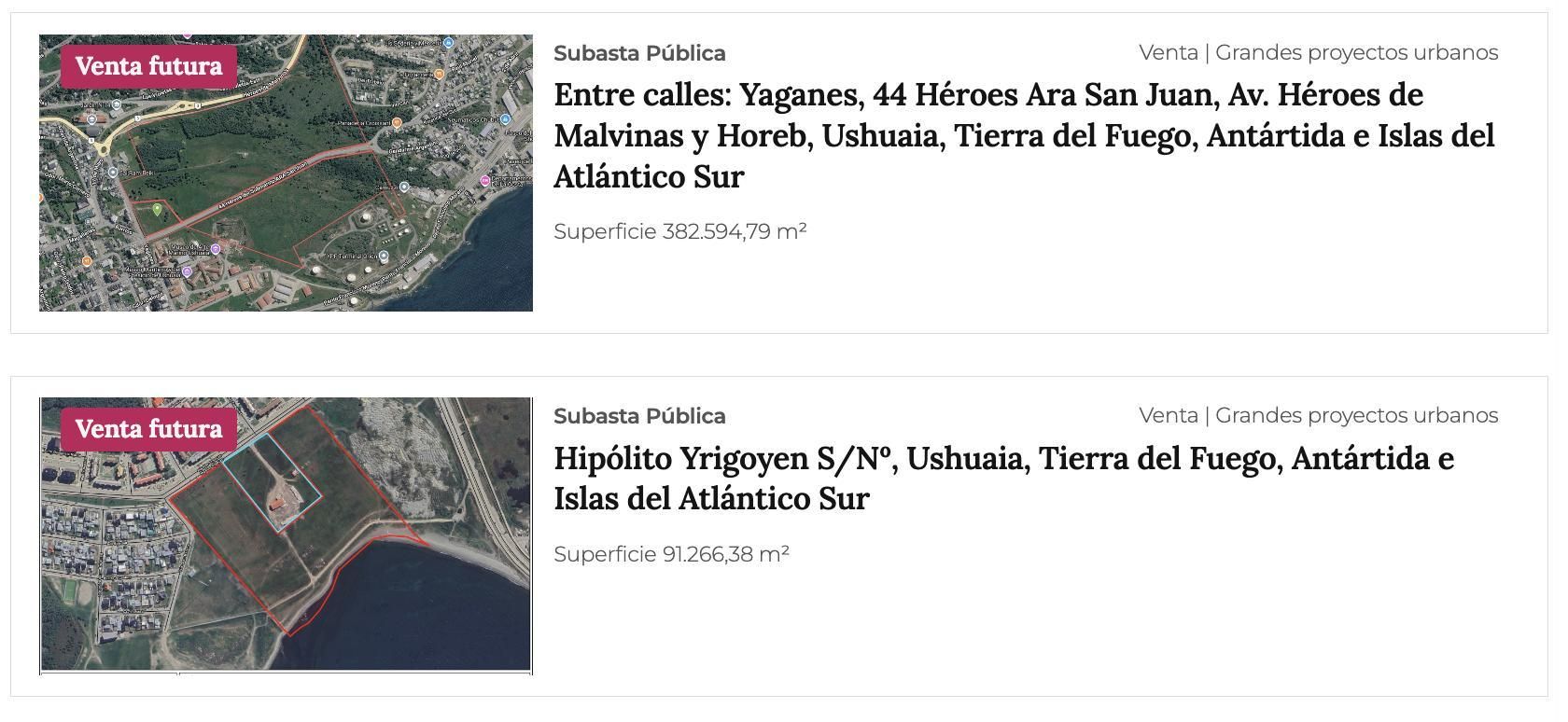 Avisos de inmuebles públicos en venta en Tierra del Fuego.
