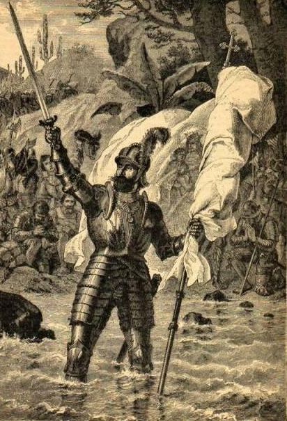 Grabado del descubrimiento del Pacífico, llamado entonces Mar del sur, por Vasco Núñez de Balboa.