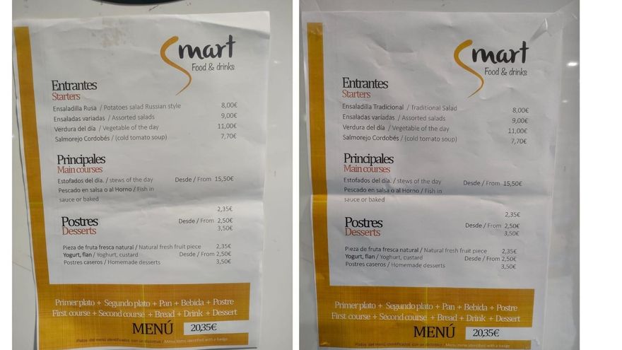 Carta de la cafetería de Ifema durante la Cumbre de la OTAN.