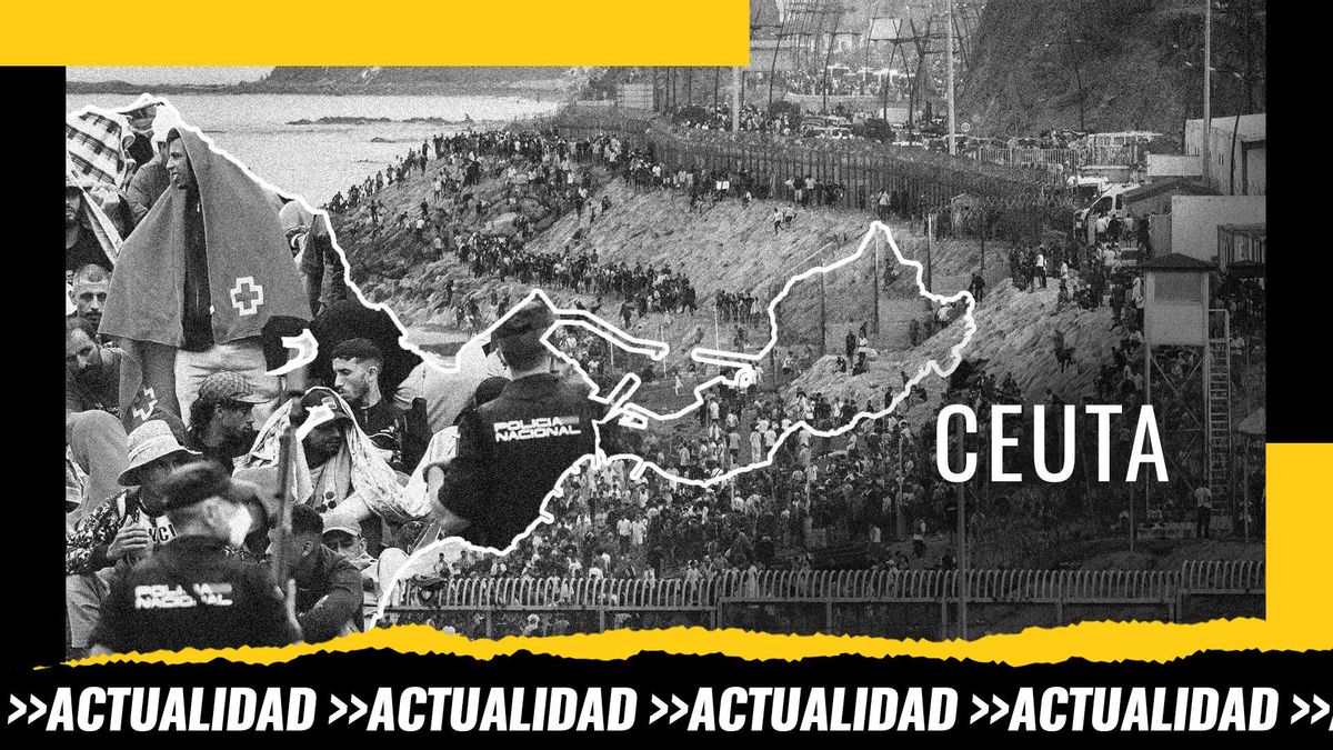 Montaje: el mapa de Ceuta sobre una imagen de personas migrantes en la playa del Trampolín y a la dcha. cientos de personas intentando acceder a España desde el lado marroquí de la playa El Tarajal