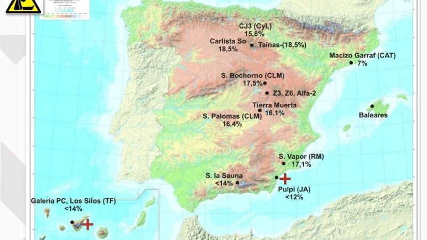 Fotografía facilitada por el investigador del IGME Raúl Pérez de un mapa de cavidades sin oxígeno en España.