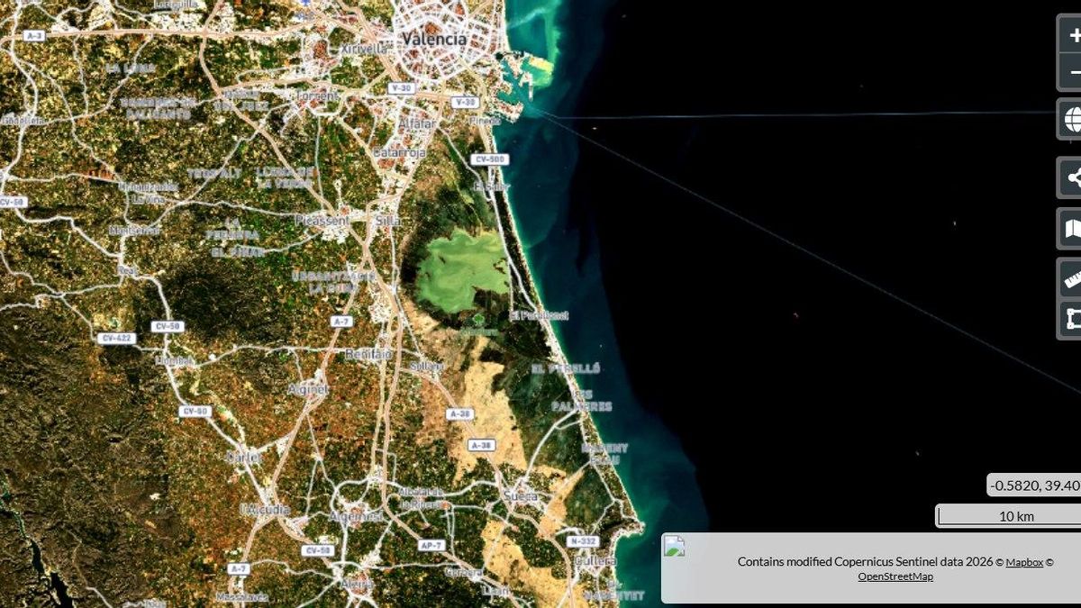 Imagen captada por un satélite de Copernicus un día normal que evidencia el importante corrimiento de fangos el día de la dana.