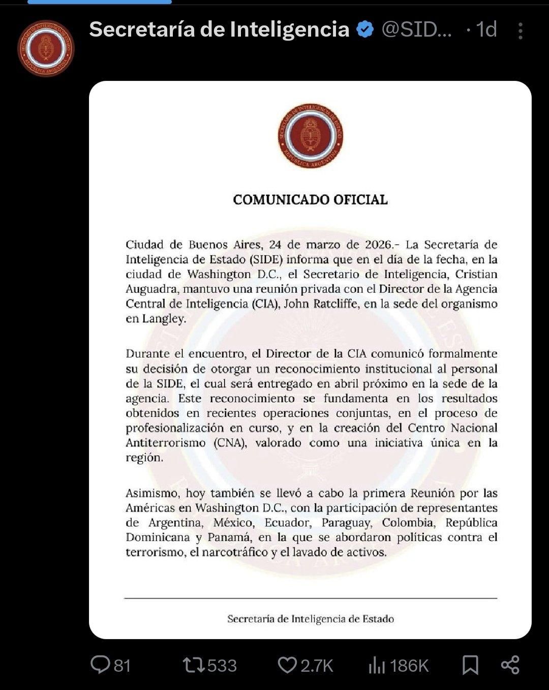 El comunicado de la SIDE sobre una reunión entre Auguadra y el jefe de la CIA que luego fue borrado de las redes oficiales del organismo.