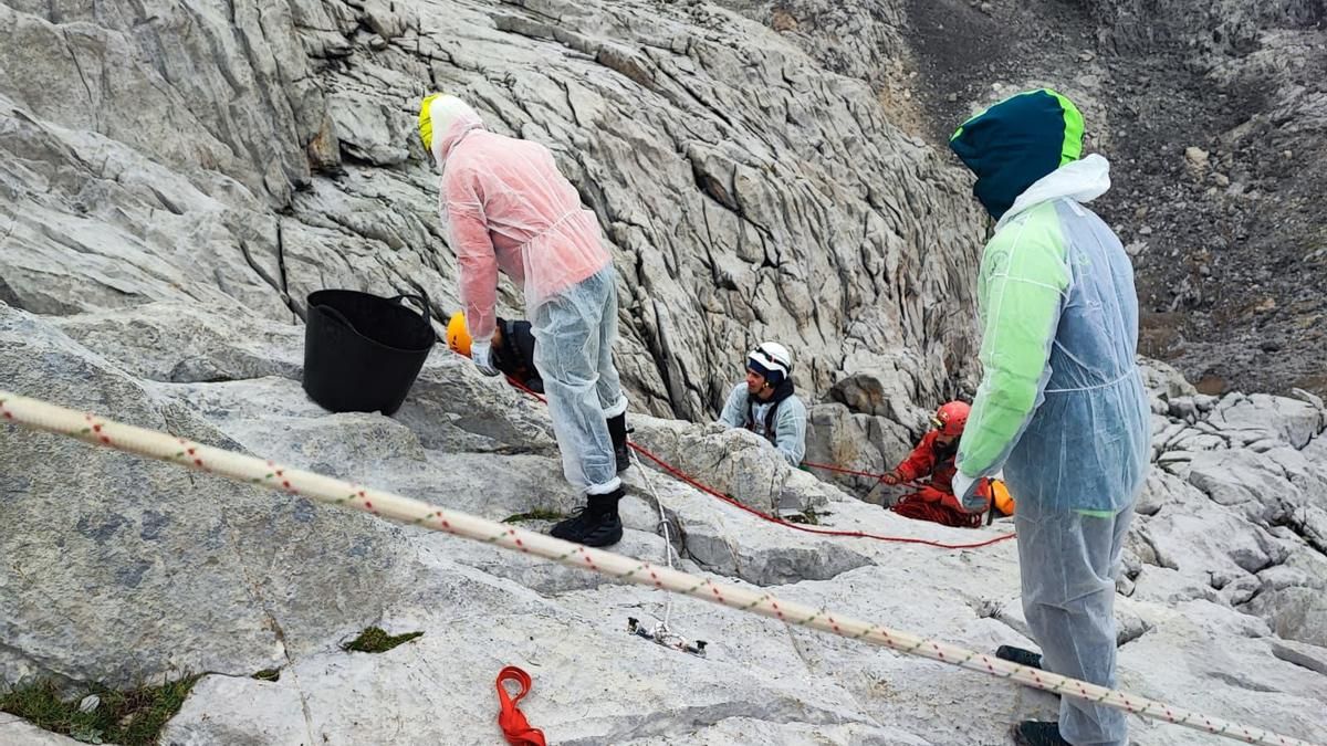 Bombonas, sillas y bolsas de basura: más de mil kilos de residuos ocultos en una cavidad de Picos de Europa