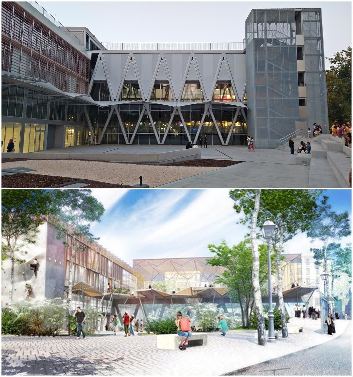 Imagen de la entrada del CDM La Cebada (arriba) y proyecto inicial de Ahora Madrid (abajo)