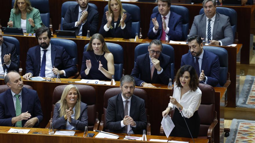 Carlos Díaz-Pache detrás de Isabel Díaz Ayuso en el pleno de este jueves en la Asamblea regional.