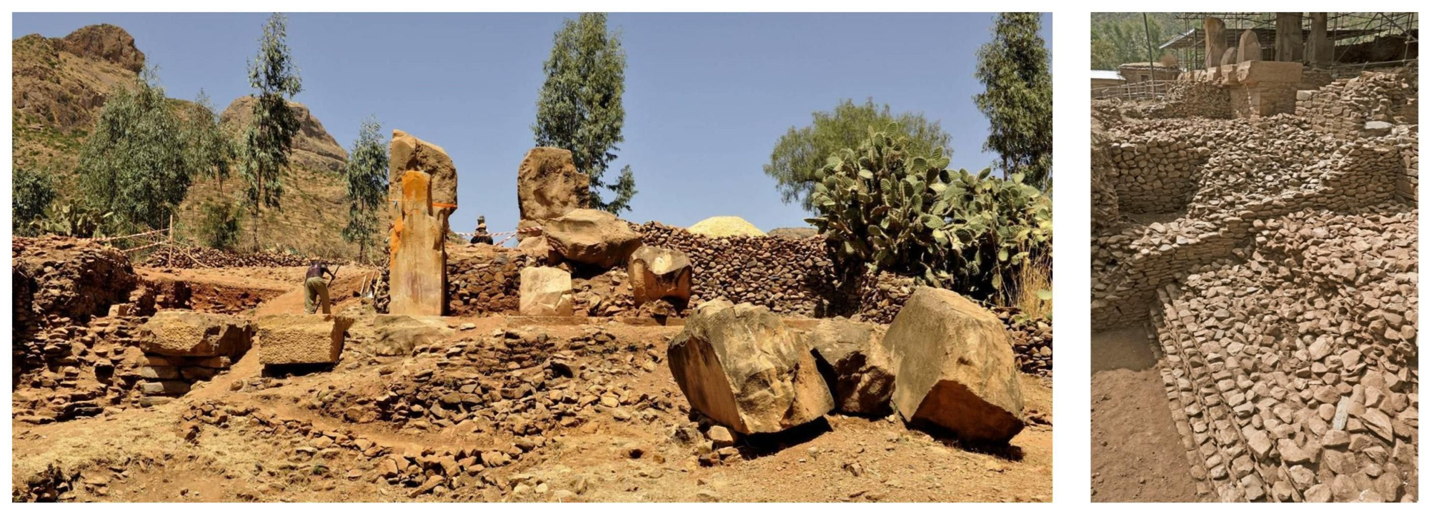 Fotografías del yacimiento arqueológico del palacio Grat Be'al Gibri. A la izquierda, la zona de entrada en 2009. A la derecha, vista de la pendiente que conducía a la entrada.