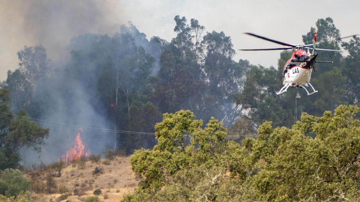 Medios aéreos trabajan en las labores de extinción del incendio que se desató el pasado martes en El Cerro del Andévalo (Huelva), en un terreno con mucha población de eucaliptos, encinas y matorral, lo que favorece la propagación de las llamas y dificulta las labores de apagado.