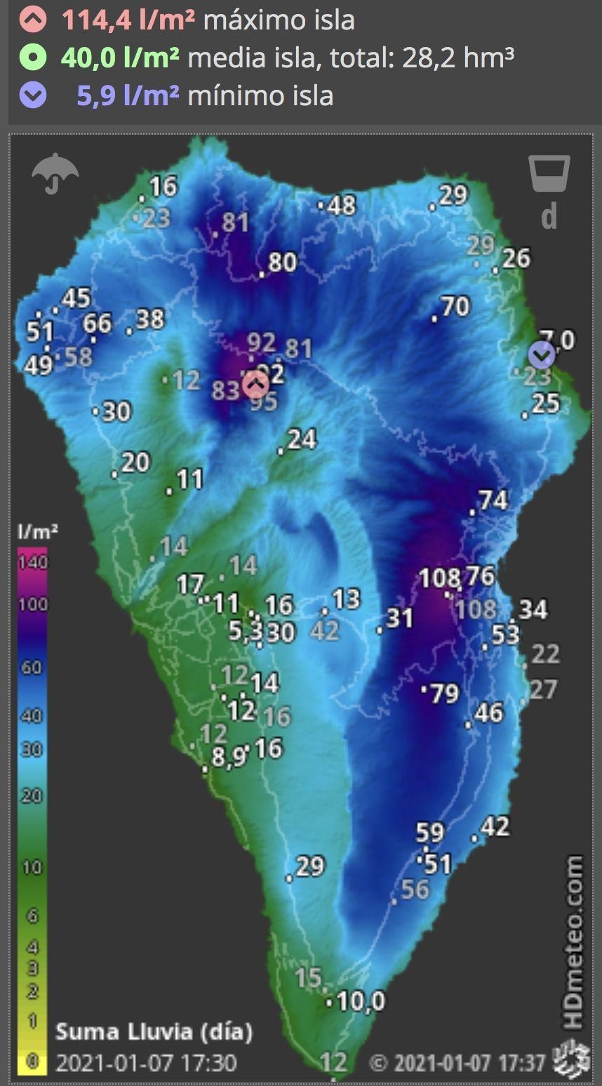 Mapa de HD Meteo La Palma de la lluvia caída, hasta las 17.30 horas de este jueves, 7 de enero, en  La Palma.