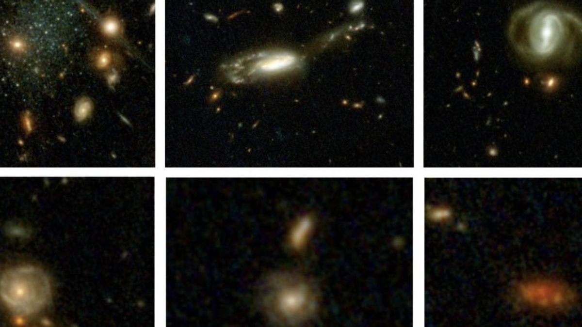 Galaxias tomadas de entre más de 700.000 que abarcan todo el tiempo cósmico, de arriba a la izquierda a abajo a la derecha: el universo actual, hace 3, 4, 8, 9, 10, 11, 12 y 13.000 millones de años.